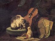 Henriette Ronner Cat,book and fiddle Spain oil painting artist
